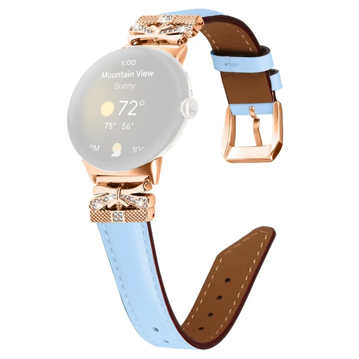 For Google Pixel Watch Genuine Cowhide Leather Watch Strap Rhinestone Design (Rose Gold Buckle) - Blue