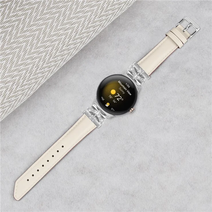 For Google Pixel Watch Rhinestone Genuine Cowhide Leather Watch Strap (Silver Buckle) - Beige