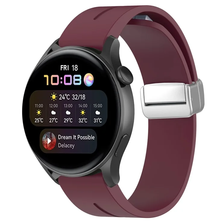 For Huawei Watch GT 4 46mm / Samsung Galaxy Watch3 45mm / Garmin Venu 3 22mm Silicone Watch Strap Magnetic Silver Buckle Band - Wine Red