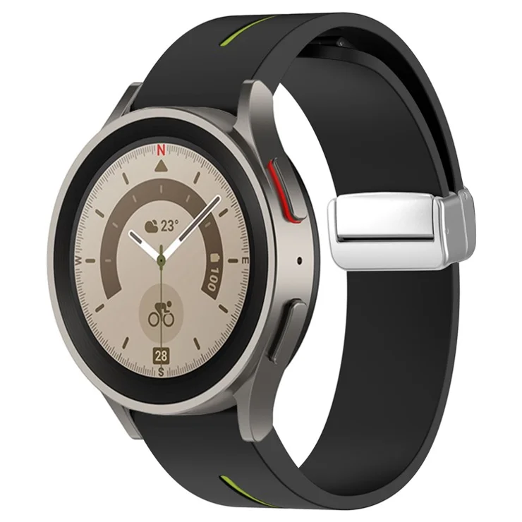 For Samsung Galaxy Watch 6 / 6 Classic / 5 / 4 Magnetic Silver Buckle Watch Strap 20mm Dual Color Silicone Band - Black+Lime