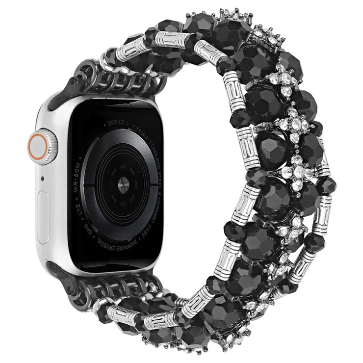 For Apple Watch Series 10 46mm / Ultra 2 Ultra 49mm / Series 9 8 7 45mm / 6 5 4 SE (2023) SE (2022) SE 44mm / 3 2 1 42mm Watch Band Beads Bracelet - Black