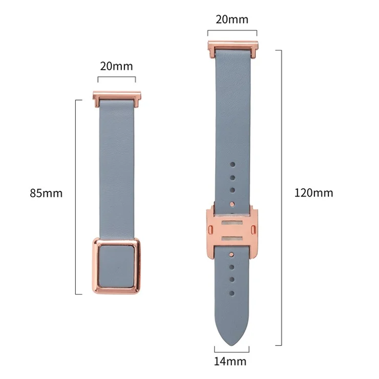 For Samsung Galaxy Watch6 Classic 47mm 43mm Watch Band 20mm Leather Strap with Magnetic Folding Buckle - Linen Blue / Rose Gold Buckle