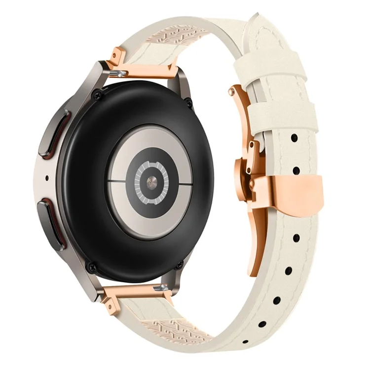 For Samsung Galaxy Watch6 / Garmin Venu Sq / Huami Amazfit Bip Silicone+Genuine Leather Band 20mm Watch Strap - Beige / Rose Gold Buckle