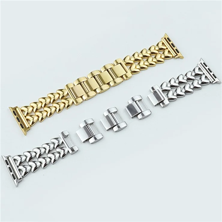 For Apple Watch 10 46mm / Ultra 2 / Ultra 49mm / 9 8 7 45mm / SE (2023) SE (2022) SE 6 5 4 44mm / 3 2 1 42mm Stainless Steel Heart Watch Band - Gold