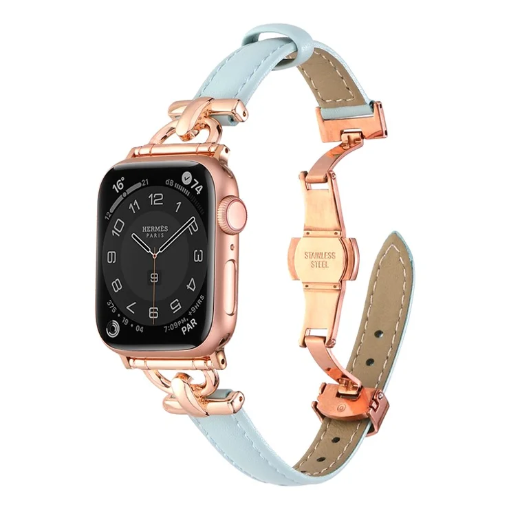 Watch Band for Apple Watch Series 10 42mm / 9 8 7 41mm / SE (2023) SE (2022) SE 6 5 4 40mm / 3 2 1 38mm Leather Band Wrist Strap - Blue / Rose Gold Buckle
