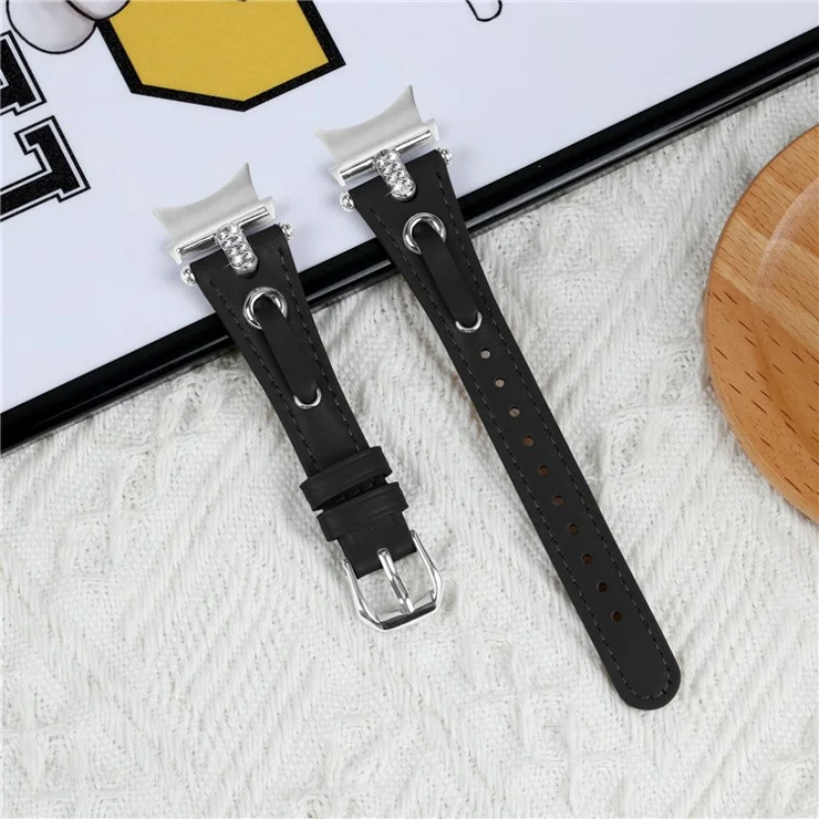 For Samsung Galaxy Watch FE 40mm / Watch4 / Watch4 Classic / Watch 5 / 5 Pro Watch Band Genuine Cow Leather Strap with Silver Connector - Black