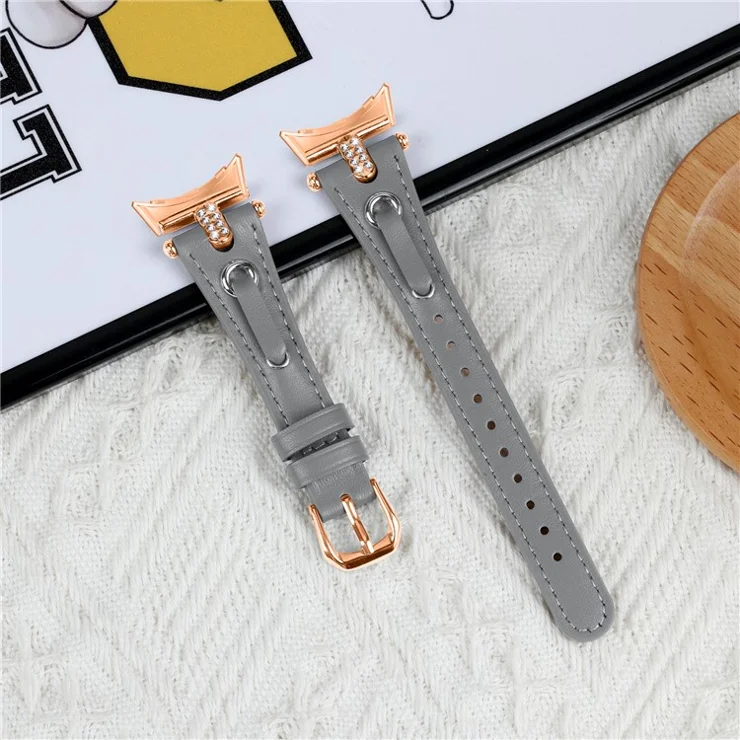 For Google Pixel Watch Genuine Cow Leather Watch Strap Rhinestone Decor Rose Gold Buckle Watch Band - Grey