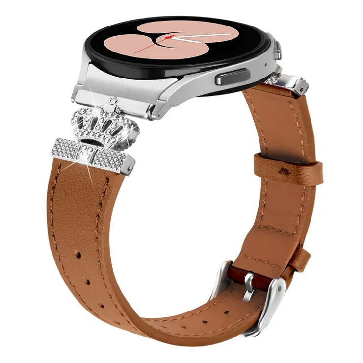 For Samsung Galaxy Watch FE 40mm / Watch4 Active Classic / Watch 5 Pro Genuine Cow Leather Smart Watch Strap (Silver Buckle) - Brown