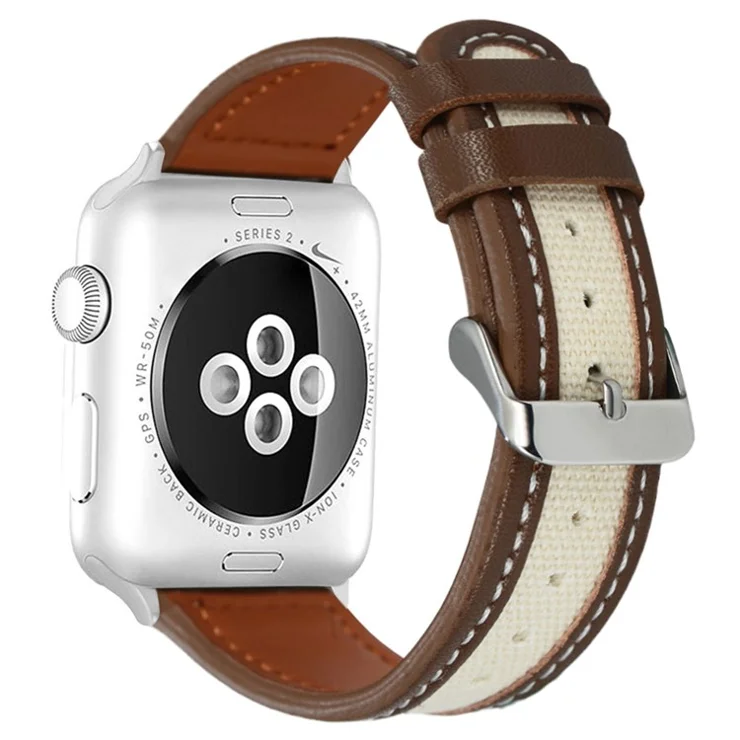 Watch Band for Apple Watch Series 10 42mm / 9 8 7 41mm / SE (2023) SE (2022) SE 6 5 4 40mm / 3 2 1 38mm Cow Leather+Fabric Wrist Strap - Dark Brown / White
