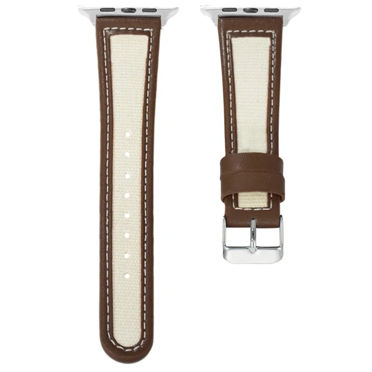 Watch Band for Apple Watch Series 10 42mm / 9 8 7 41mm / SE (2023) SE (2022) SE 6 5 4 40mm / 3 2 1 38mm Cow Leather+Fabric Wrist Strap - Dark Brown / White