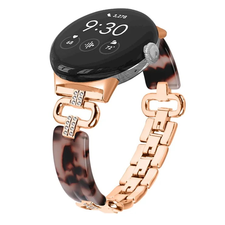 For Google Pixel Watch Bracelet Strap Resin+Rhinestone Watch Band - Rose Gold+Black