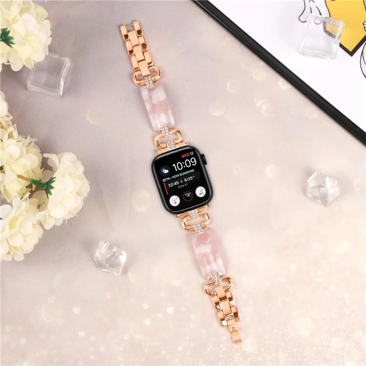 For Apple Watch 10 46mm / Ultra 2 / Ultra 49mm / 9 8 7 45mm / SE (2023) SE (2022) SE 6 5 4 44mm / 3 2 1 42mm Resin Band Strap - Rose Gold+Pink