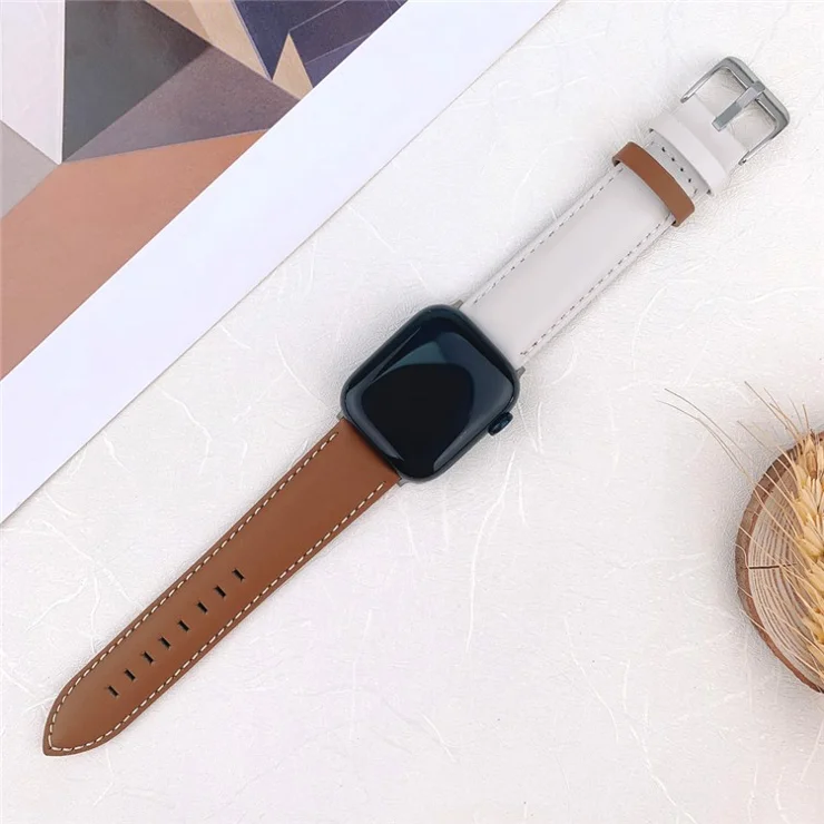 Watch Band for Apple Watch Series 10 42mm / 9 8 7 41mm / SE (2023) SE (2022) SE 6 5 4 40mm / 3 2 1 38mm Classic Cow Leather Strap - Coffee / White