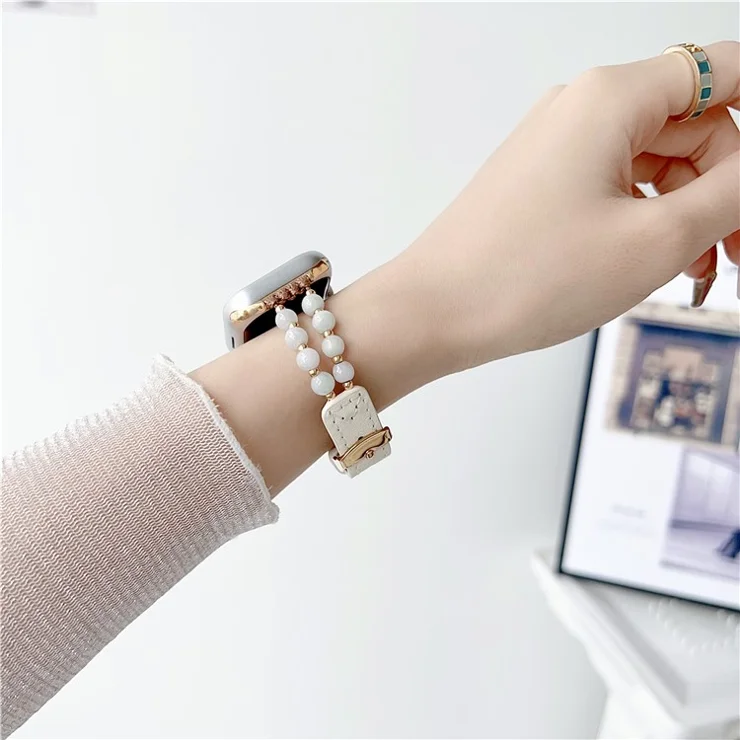 For Apple Watch Series 10 42mm / 9 8 7 41mm / SE (2023) SE (2022) SE 6 5 4 40mm / 3 2 1 38mm Watch Strap Jade Bead Band - White
