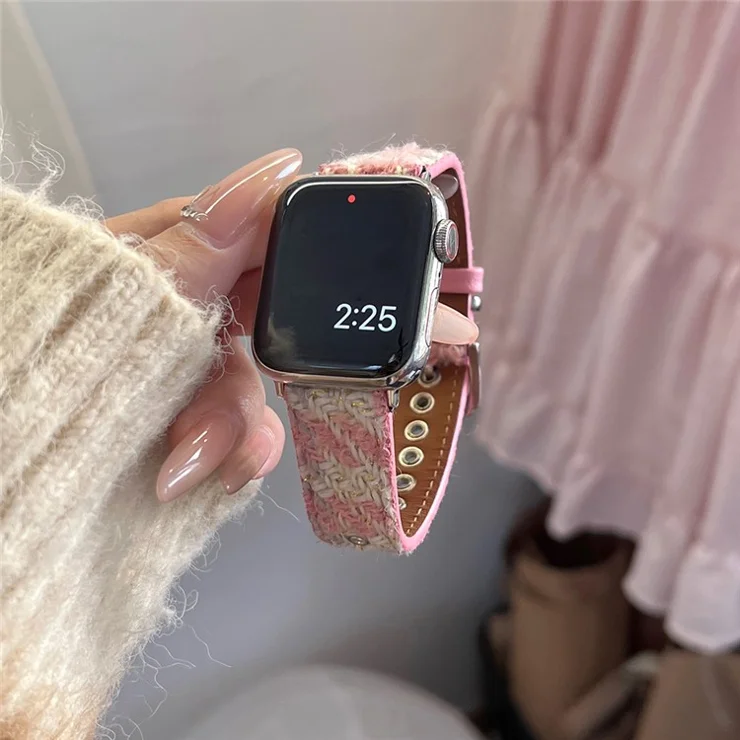 For Apple Watch Series 10 42mm / 9 8 7 41mm / SE (2023) SE (2022) SE 6 5 4 40mm / 3 2 1 38mm Watch Band Woolen+Leather Strap - Pink+White