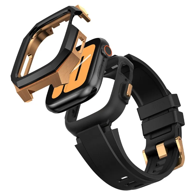 For Apple Watch SE (2023) SE (2022) SE Series 6 5 4 44mm Fluororubber Strap with Stainless Steel Watch Case - Black / Gold