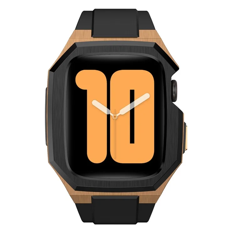 For Apple Watch Series 9 8 7 45mm Band Fluororubber Watch Strap with Stainless Steel Bezel Case - Black / Gold