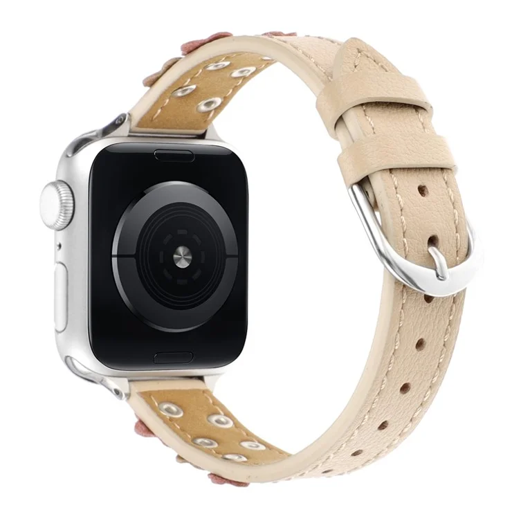Watch Band for Apple Watch Series 10 42mm / 9 8 7 41mm / SE (2023) SE (2022) SE 6 5 4 40mm / 3 2 1 38mm PU Leather Watch Strap with Flower Rivets - Apricot