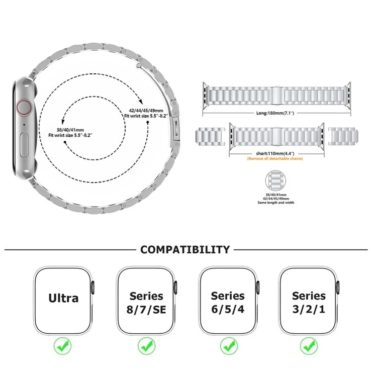 KALEBOL Watch Band For Apple Watch Series 10 42mm / 9 8 7 41mm / 6 5 4 SE (2022) SE (2023) SE 40mm / 3 2 1 38mm Stainless Steel Strap - Silver+Black