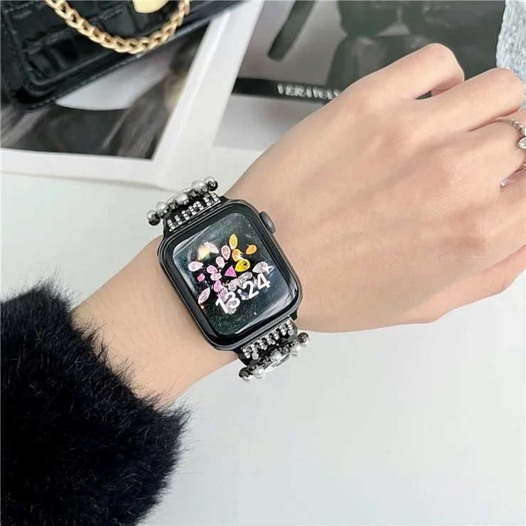 Wrist Strap For Apple Watch Series 10 42mm / 9 8 7 41mm / 6 5 4 SE (2023) SE (2022) SE 40mm / 3 2 1 38mm Beaded Pearl Decor Watchband - Black