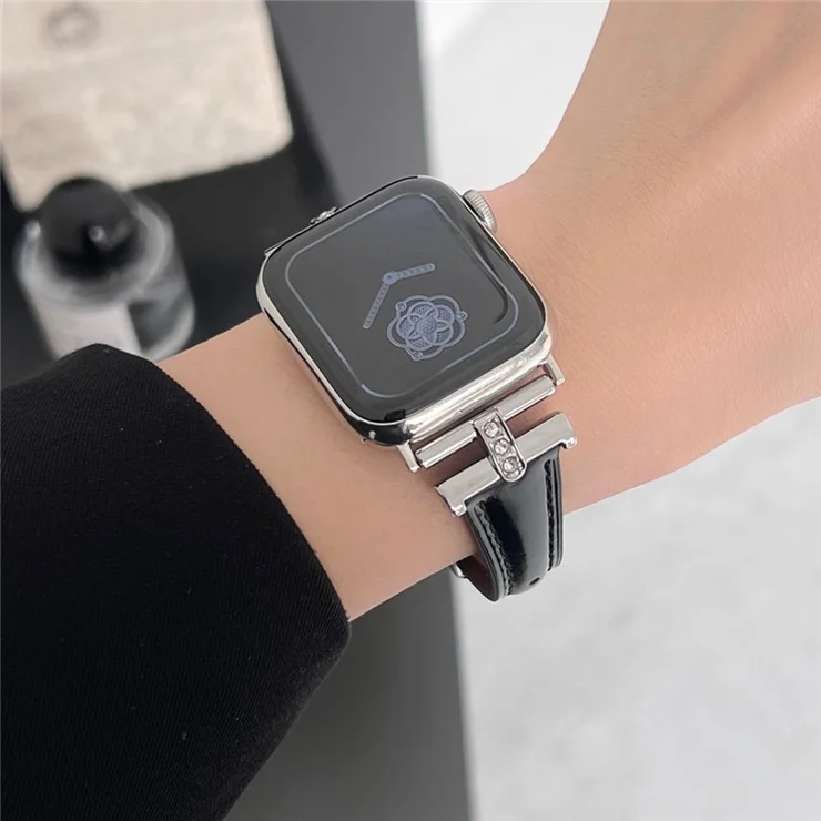 For Apple Watch 10 46mm / Ultra 2 / Ultra 49mm / 9 8 7 45mm / SE (2023) SE (2022) SE 6 5 4 44mm / 3 2 1 42mm Genuine Cow Leather Strap - Black