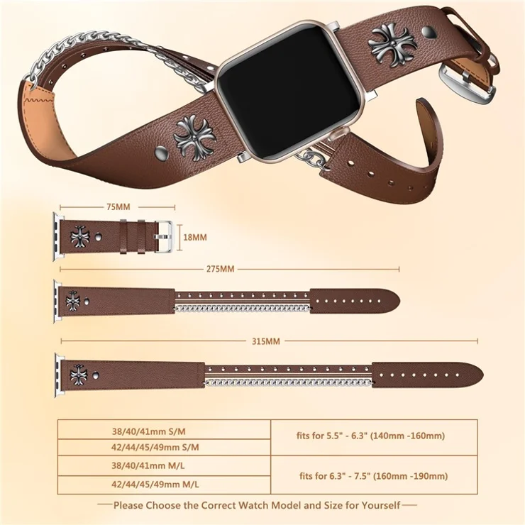 S / M Size Ethnic Style Double Circle Strap for Apple Watch Series 10 42mm / 9 8 7 41mm / 6 5 4 SE (2022) SE (2023) SE 40mm / 3 2 1 38mm Cowhide Watch Band - Brown
