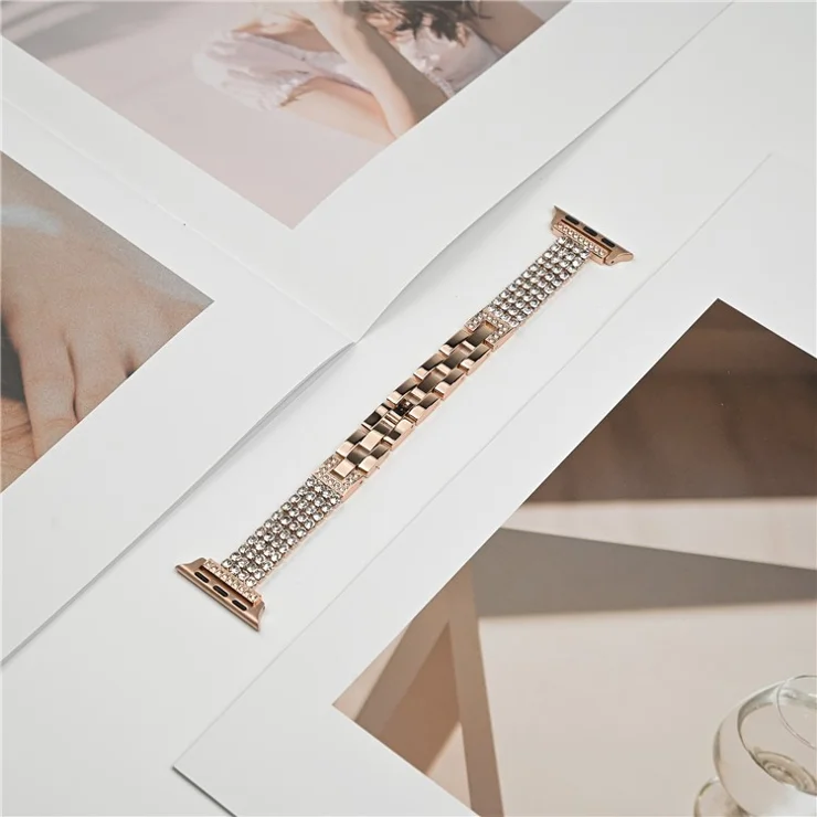 For Apple Watch 10 46mm / Ultra 2 / Ultra 49mm / 9 8 7 45mm / SE (2023) SE (2022) SE 6 5 4 44mm / 3 2 1 42mm 4 Rows Rhinestone Strap - Rose Gold