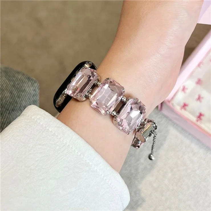 For Apple Watch 10 46mm / Ultra 2 / Ultra 49mm / 9 8 7 45mm / SE (2023) SE (2022) SE 6 5 4 44mm / 3 2 1 42mm Gem Watch Strap Bracelet - Pink Gem / Silver