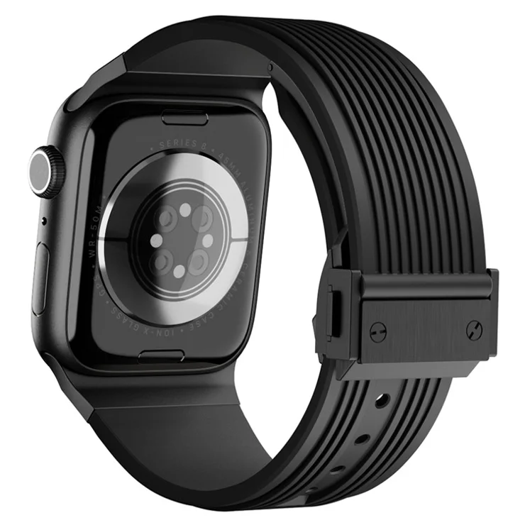 For Apple Watch 10 46mm / Ultra 2 / Ultra 49mm / 9 8 7 45mm / SE (2023) SE (2022) SE 6 5 4 44mm / 3 2 1 42mm Silicone Watch Band - Black Buckle / Black Strap