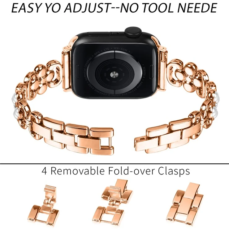 For Apple Watch Series 10 42mm / 9 8 7 41mm / SE (2023) SE (2022) SE 6 5 4 40mm / 3 2 1 38mm Stainless Steel Band Pearl Four Leaf Clover Watch Strap - Rose Gold
