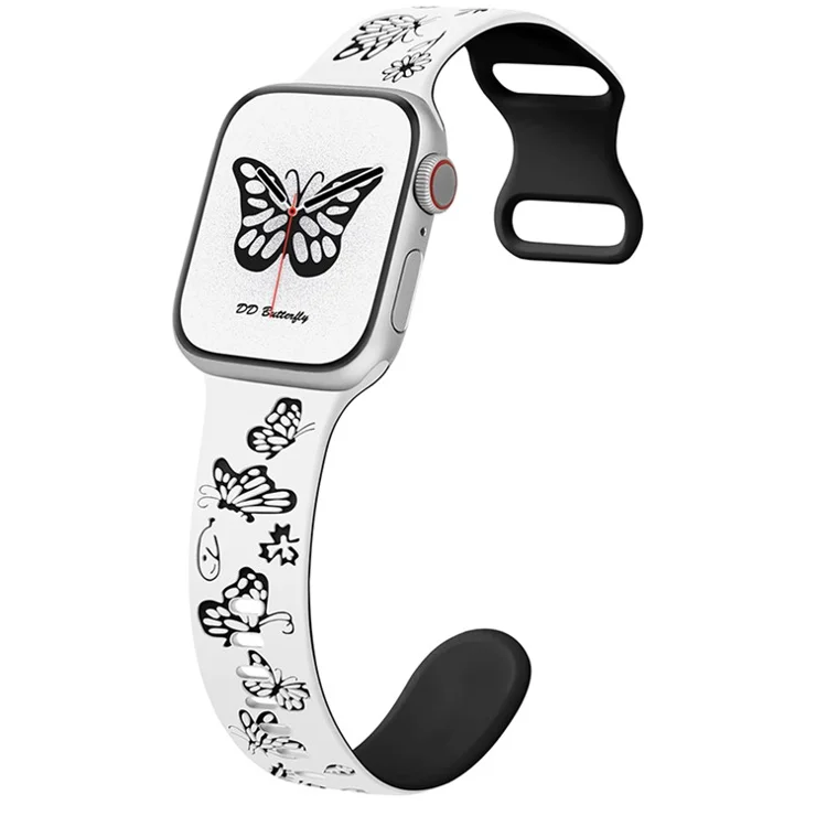 For Apple Watch 10 46mm / Ultra 2 / Ultra 49mm / 9 8 7 45mm / SE (2023) SE (2022) SE 6 5 4 44mm / 3 2 1 42mm Butterfly Silicone Band - White+Black