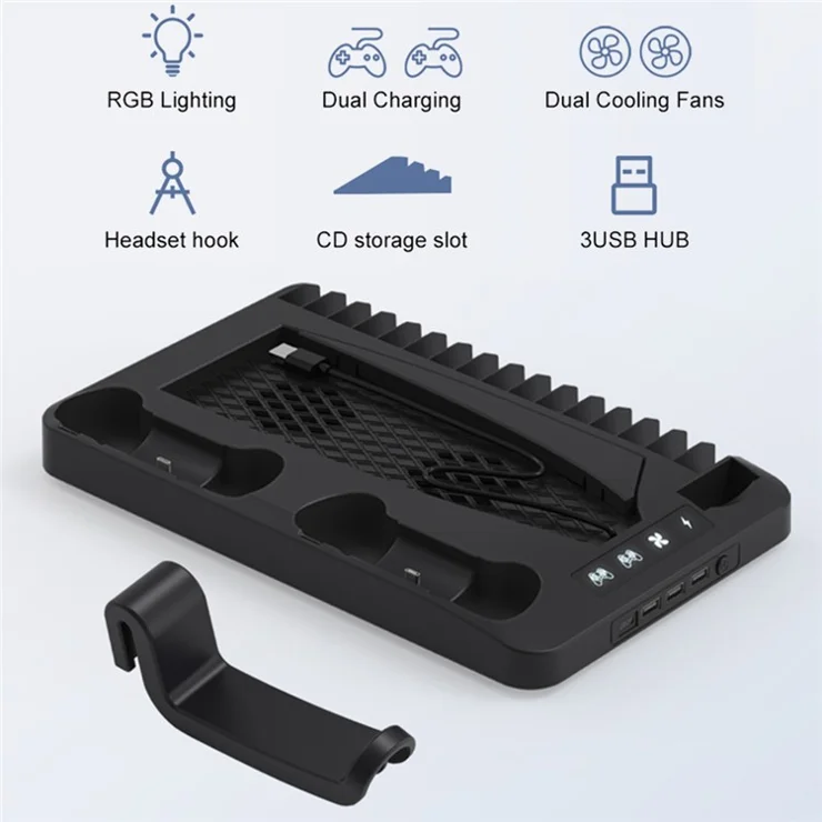 GAMINJA P58 For Sony PS5 Slim / Playstation 5 Game Console Cooling Stand Gamepad Charging Dock Headphone Holder - Black