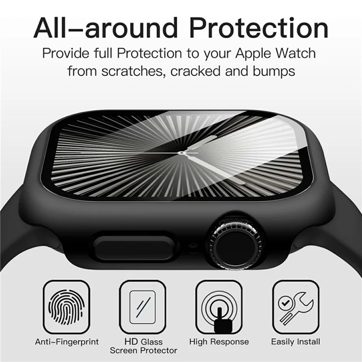 For Apple Watch Series 10 42mm Watch Case IP68 Waterproof Hard PC Cover with Tempered Glass Film - Black