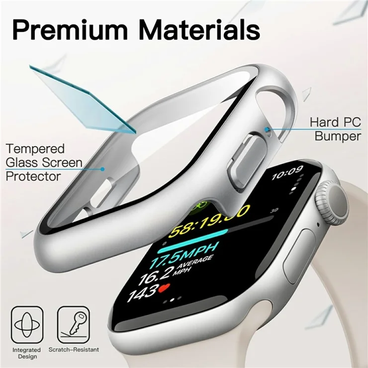 For Apple Watch Series 10 42mm Watch Case IP68 Waterproof Hard PC Cover with Tempered Glass Film - Silver
