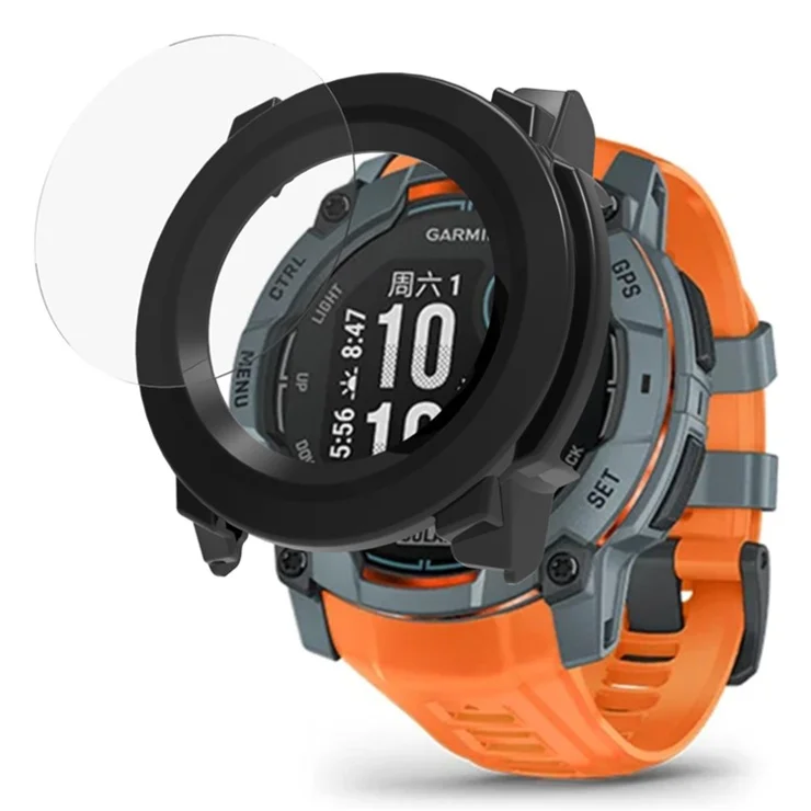 For Garmin Instinct 3 50mm Smartwatch Case PC Protective Cover with Tempered Glass Screen Protector - Black