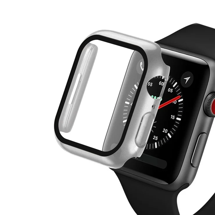 2-in-1 9H Tempered Glass Film Matte Hard PC Watch Case Cover for Apple Watch Series 9 / 8 / 7 45mm - Silver