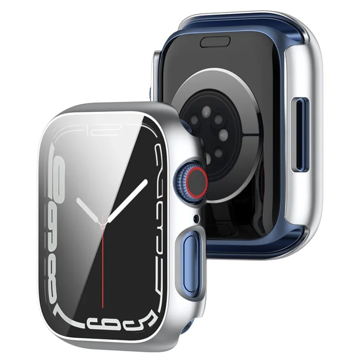 Scratch Resistant Hard PC Case with Tempered Glass Screen Cover for Apple Watch Series 9 / 8 / 7 45mm - Silver
