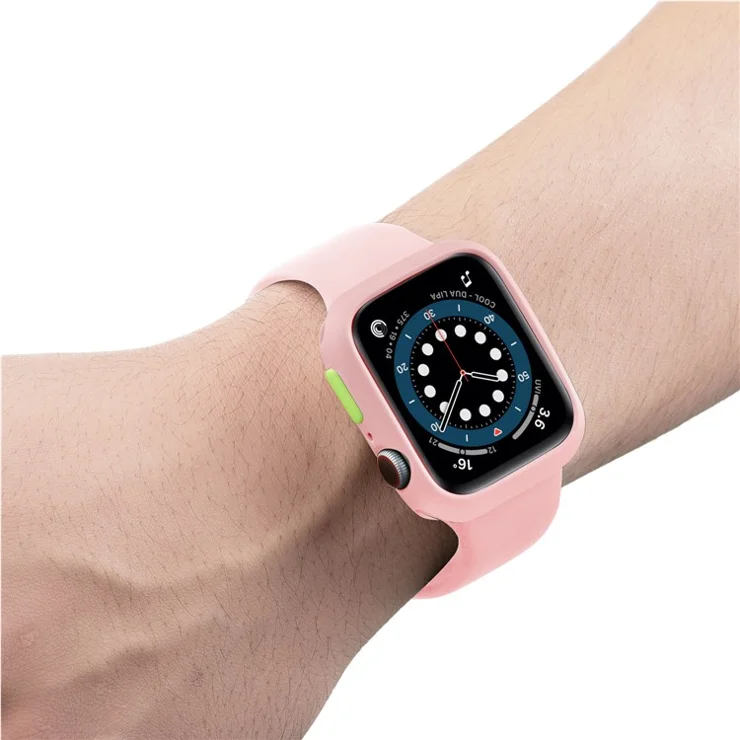 Soft TPU Smart Watch Protective Case Shell with Enclosed Button for Apple Watch Series 9 / 8 / 7 45mm - Pink / Fluorescent Green