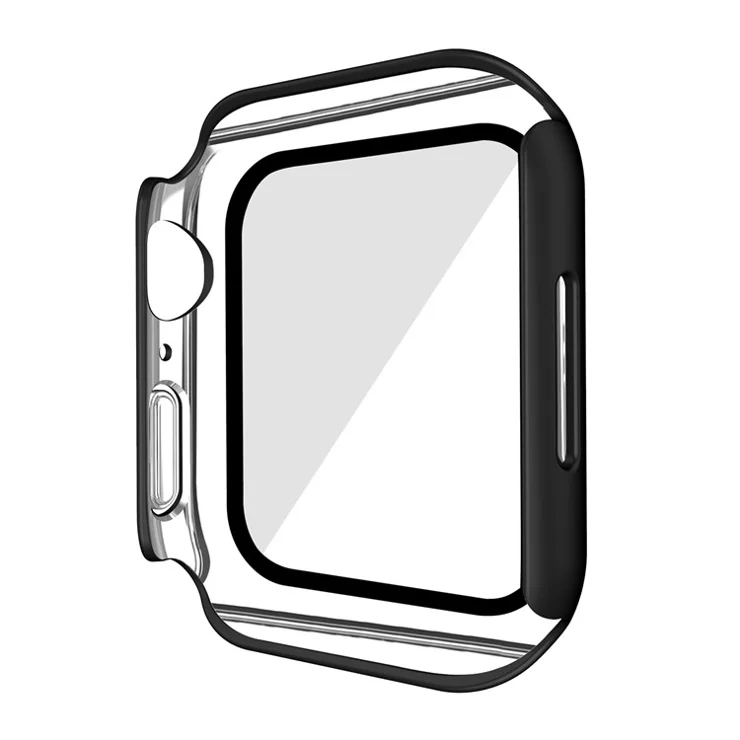 Matte PC Watch Case for Apple Watch Series 9 / 8 / 7 41mm Electroplating Watch Cover Protector with Tempered Glass Screen Protector - Black