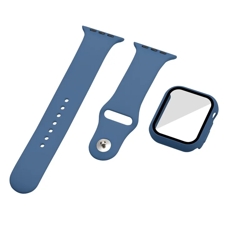 For Apple Watch Series 7 41mm Silicone Outdoor Sports Watch Band+Hard PC Case with Built-in Tempered Glass Screen Protector, Size S/M - Navy Blue