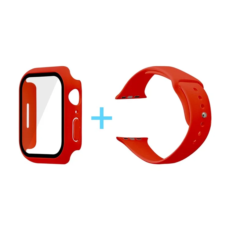 For Apple Watch Series 7 41mm Silicone Outdoor Sports Watch Band+Hard PC Case with Built-in Tempered Glass Screen Protector, Size S/M - Red
