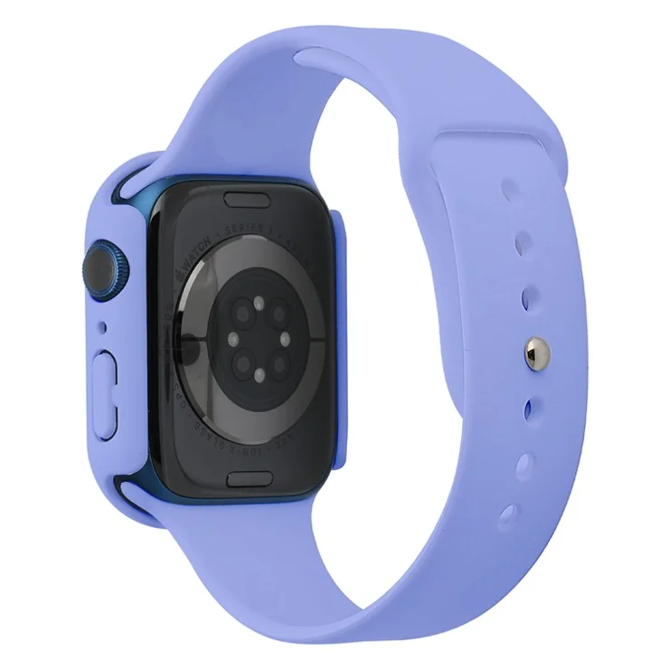 For Apple Watch Series 7 41mm Silicone Outdoor Sports Watch Band+Hard PC Case with Built-in Tempered Glass Screen Protector, Size S/M - Purple