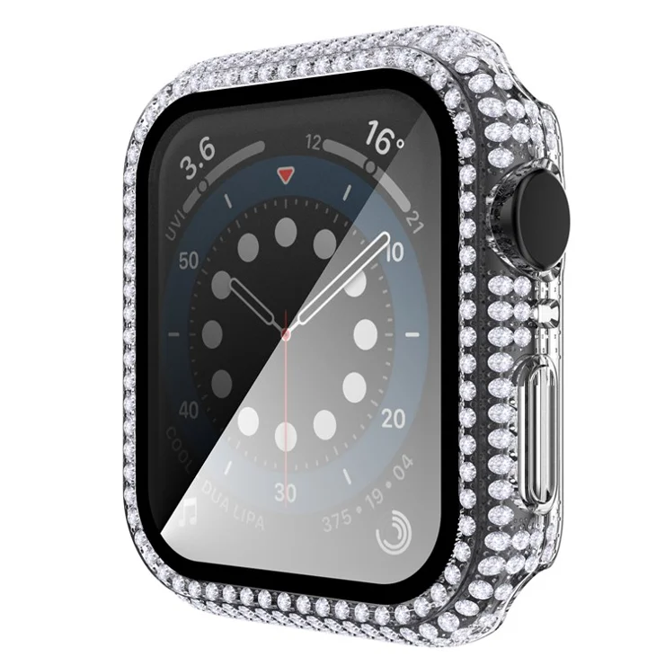 For Apple Watch Series 4 / 5 / 6 44mm / SE 44mm / SE (2022) 44mm Well-protected Anti-scratch Rhinestone Decorated PC Watch Case with Tempered Glass Screen Protector - Transparent