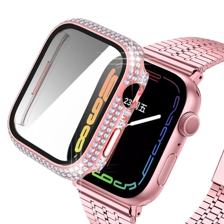 For Apple Watch Series 9 / 8 / 7 41mm Rhinestone Decorated PC Watch Case with Anti-scratch Tempered Glass Screen Protector - Pink