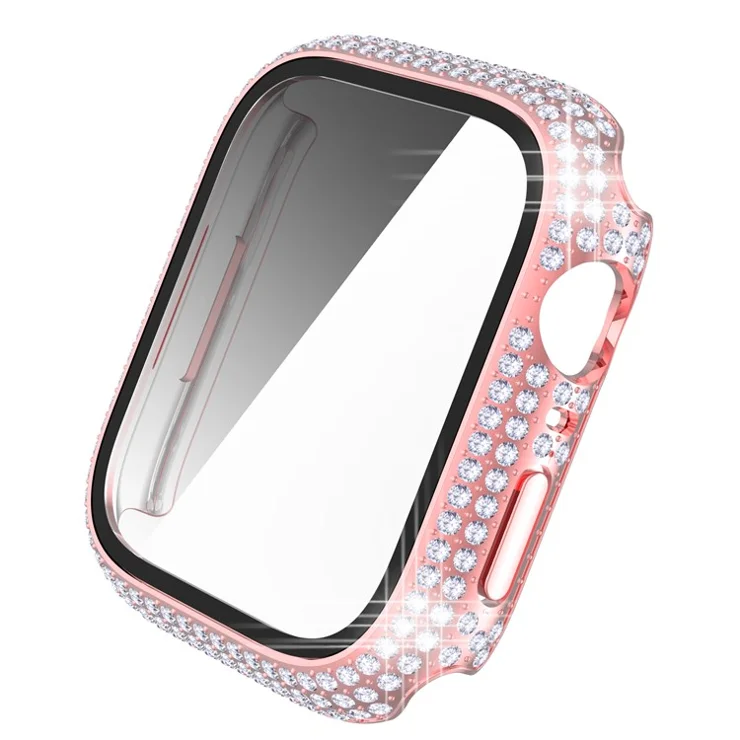 For Apple Watch Series 9 / 8 / 7 41mm Rhinestone Decorated PC Watch Case with Anti-scratch Tempered Glass Screen Protector - Pink