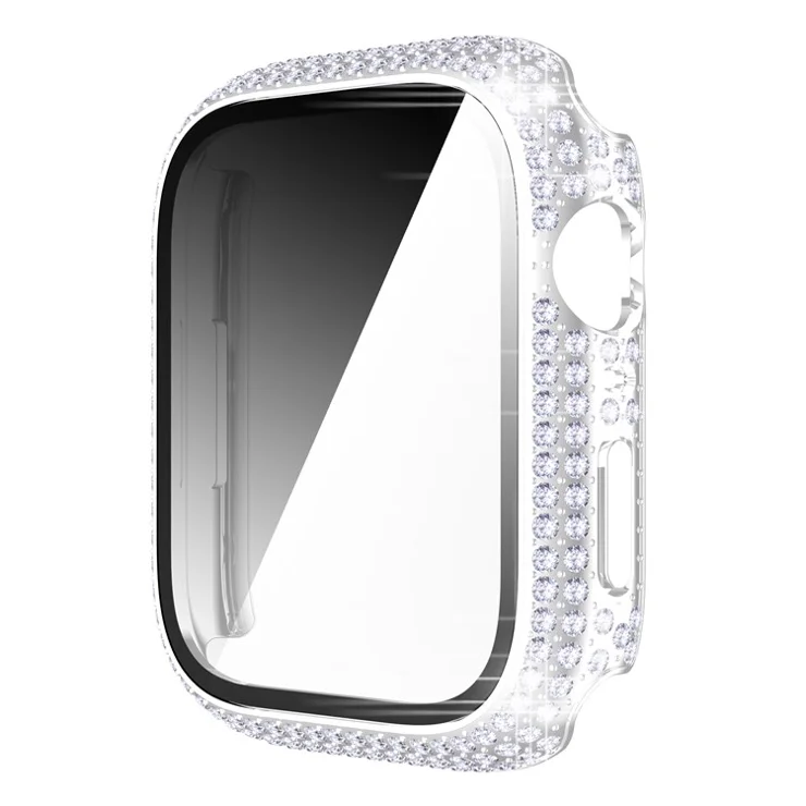For Apple Watch Series 9 / 8 / 7 41mm Rhinestone Decorated PC Watch Case with Anti-scratch Tempered Glass Screen Protector - Silver