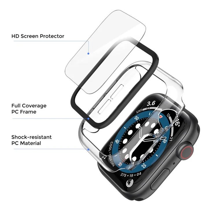 AHASTYLE WG46 2Pcs PC Case with Tempered Glass Film for Apple Watch Ultra / Series 8 / 7 / 6 / 5 / 4 / SE / SE (2022) / 3 / 2 / 1 - For Apple Watch Series 6 / 5 / 4 / SE (2022) / SE 44mm / Transparent