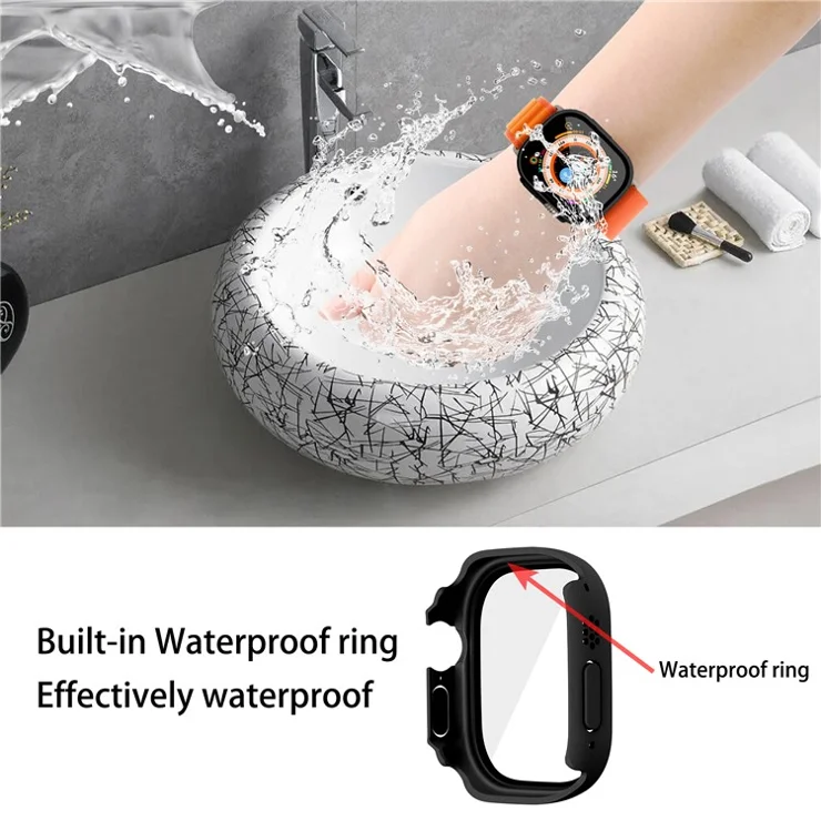For Apple Watch Ultra 2 49mm / Ultra 49mm Hard PC Case with Tempered Glass Screen Protector Waterproof Smart Watch Case - Black