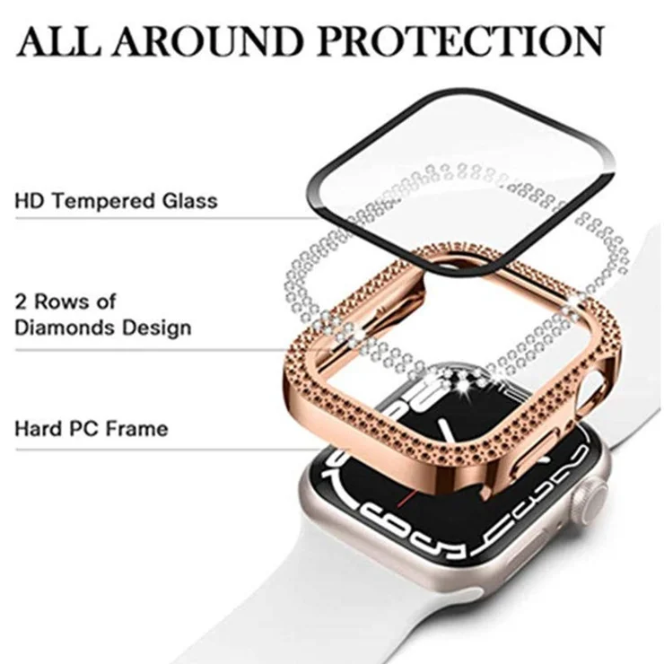 For Apple Watch Series 9 8 7 45mm PC Watch Case Rhinestone Electroplating Watch Cover with Tempered Glass Film - Black