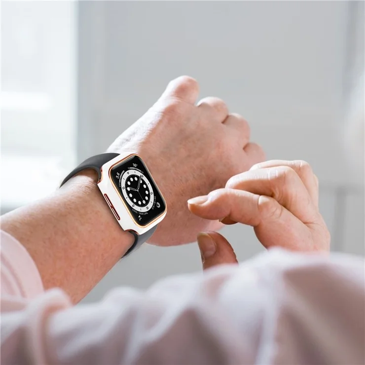 One-Piece Hard PC and Tempered Glass Film Electroplating Watch Case Shell for Apple Watch Series SE / SE (2022) / 6 / 5 / 4 40mm - White / Gold
